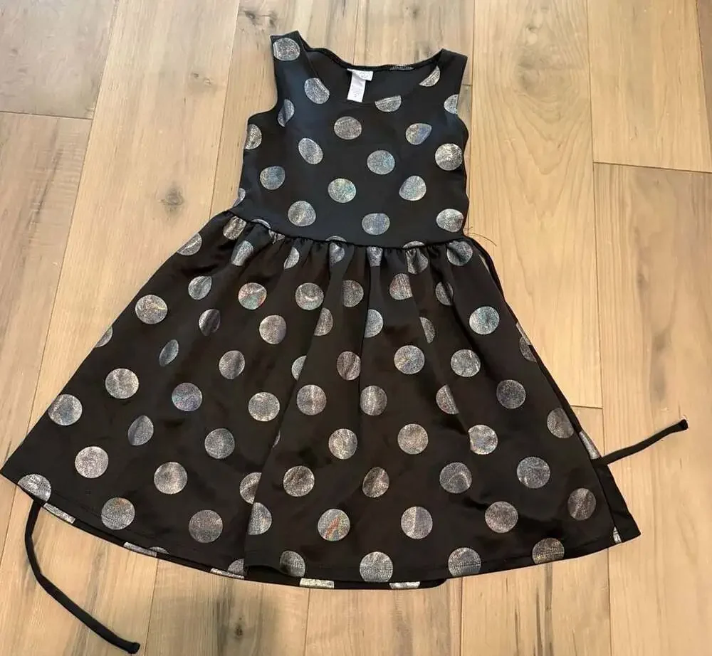 Justice Girls Black and Silver Metallic Polka Dot Dress